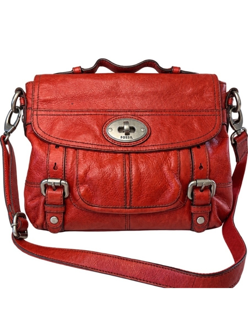 Fossil Maddox red Leather Organizer Flap Crossbody Satchel Bag red